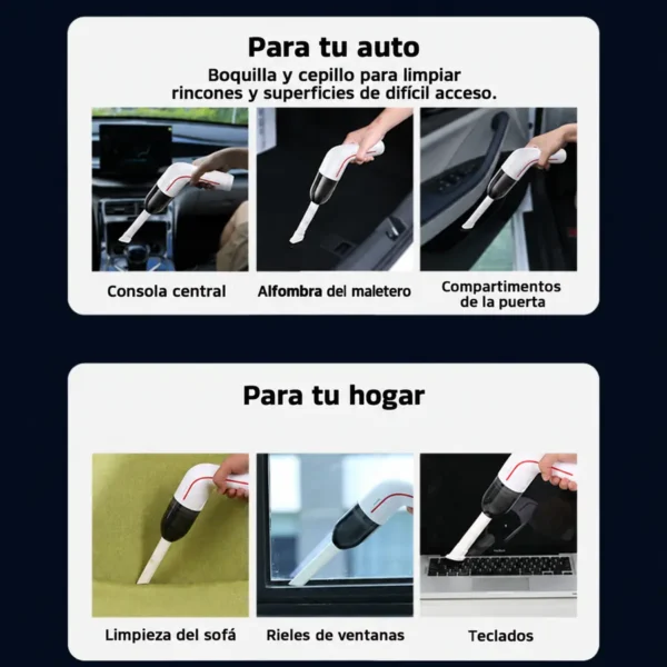 Usos de la mini aspiradora Usams ZB253: consola, maletero y puertas del carro, sofá, rieles de ventanas y teclados