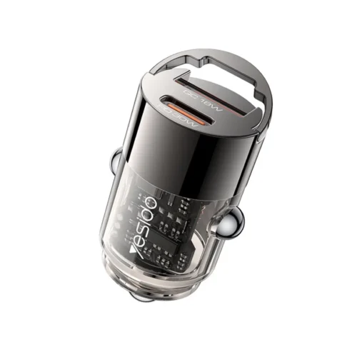 Mini cargador para carro Yesido Y68 con puertos USB-C PD 30W y USB-A QC 18W, carcasa transparente