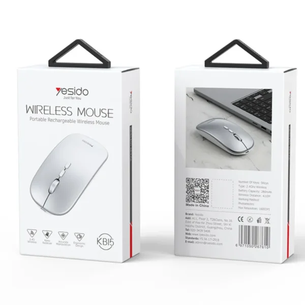 Empaque original del mouse inalámbrico recargable Yesido KB-15, frente y reverso