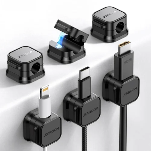 Organizadores magnéticos Joyroom JR-ZS368 negros, abiertos y cerrados, sujetando cables Lightning, USB-C y HDMI.