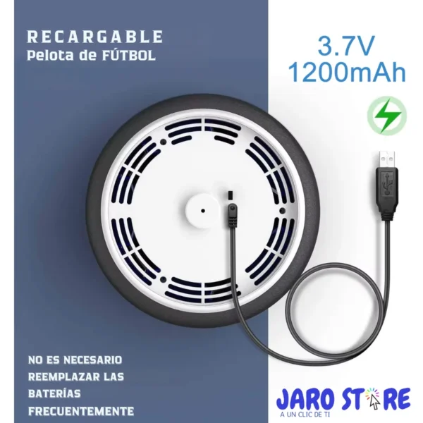 Vista inferior de la pelota flotante con cable USB y datos de batería de 3,7 V y 1200 mAh.
