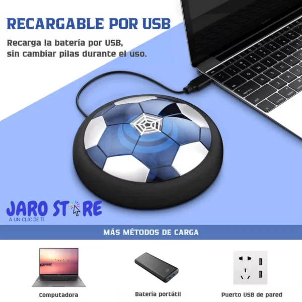 Pelota de fútbol flotante conectada por USB a una computadora y ejemplos de fuentes USB de carga.