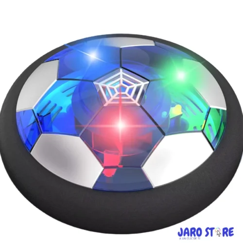 Pelota de fútbol flotante azul y blanca con luces de colores y borde de espuma negro.