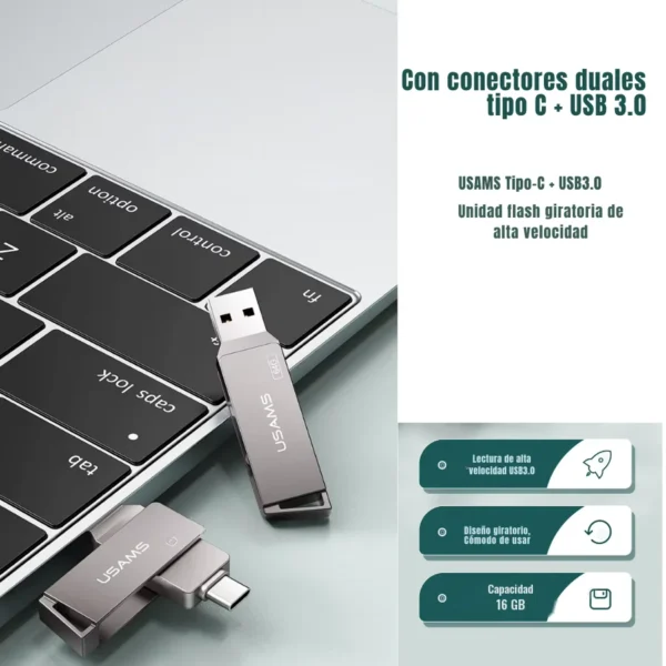 Características del pendrive Usams ZB198: conectores USB-C y USB 3.0, alta velocidad, diseño giratorio y capacidad de 16 GB
