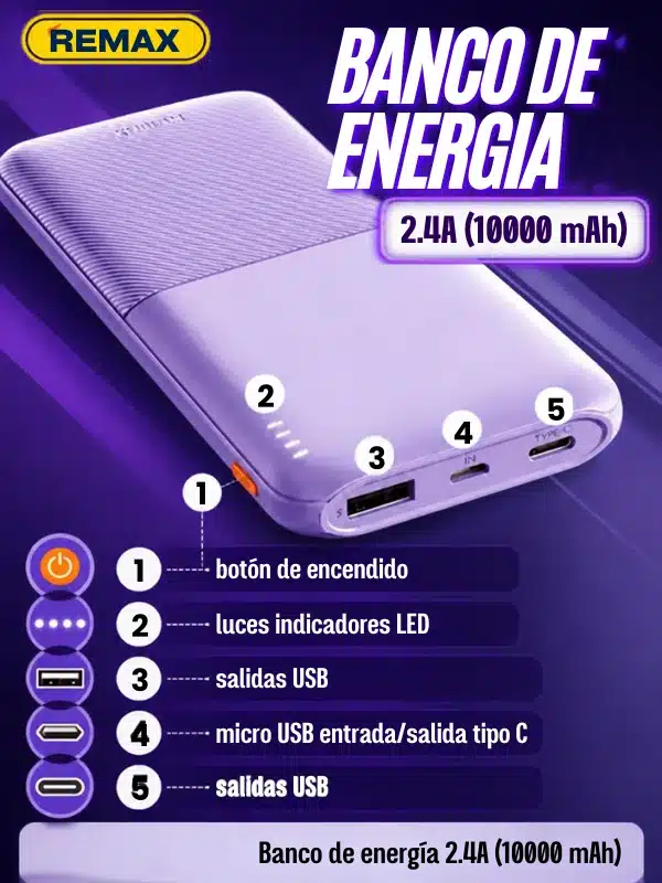 Power bank Remax 10000mAh en blanco, negro y azul, ideal para viajes