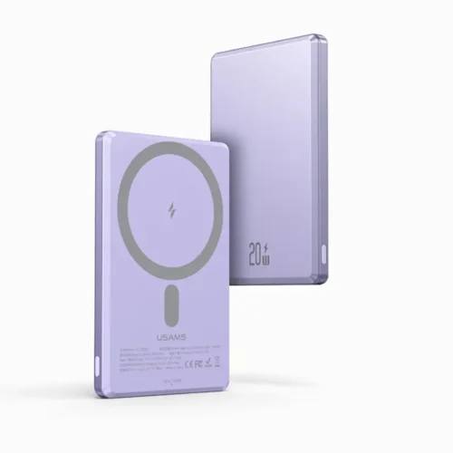 Power bank MagSafe 5000mAh Usams CD220 color morado, vista frontal con anillo magnético y vista posterior con 20W