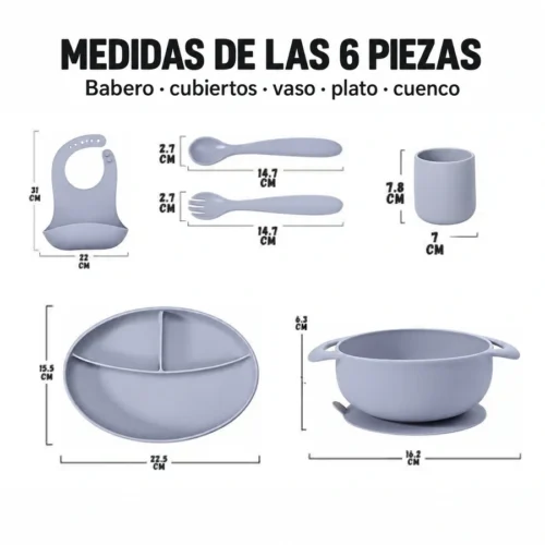 Babero, cuchara, tenedor, vaso, plato dividido y cuenco de silicona color plomo, con las medidas de cada pieza.