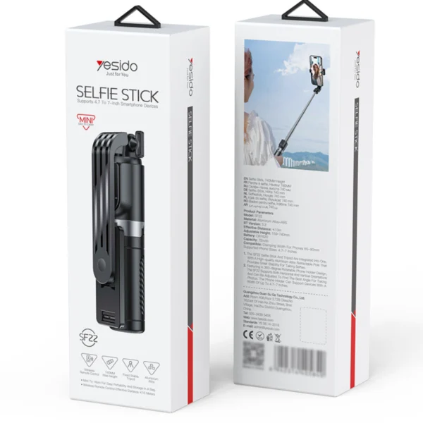 Empaque original del palo selfie trípode Yesido SF22 Selfie Stick, frente y reverso