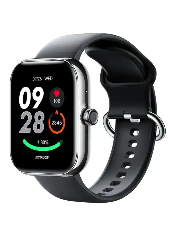El Smartwatch Joyroom 1.96" IP68 muestra la hora 09:28, la fecha 25/09 miércoles, la frecuencia cardíaca 106 lpm, 2345 pasos, la batería al 80% y cuenta con llamadas, deportes y seguimiento de la salud para iOS/Android, todo en una vibrante pantalla rectangular negra.