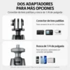 Detalle del adaptador de tres patillas y de la rótula con rosca de 1/4 de pulgada para cámaras y accesorios.
