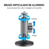 Brazo articulado de aluminio con flechas que indican el giro y cómo apretar o aflojar la perilla.