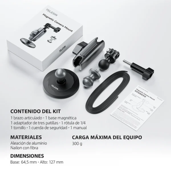 Empaque, brazo, base magnética, adaptadores, tornillo, cuerda de seguridad y manual del Telesin CMM-001.