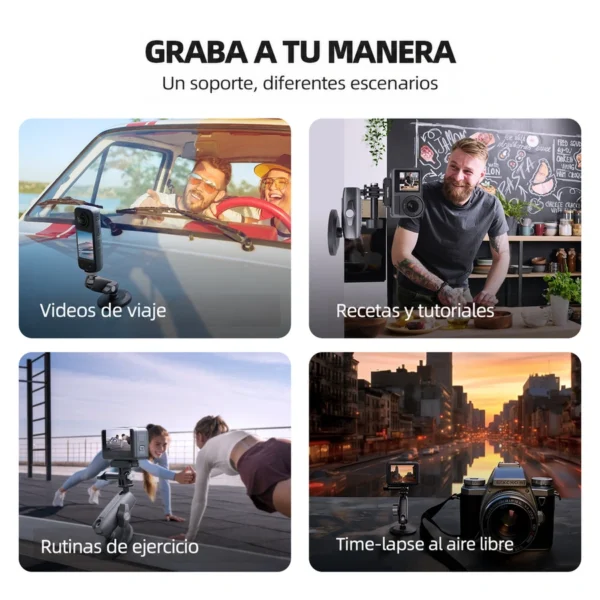 Ejemplos de grabación en viajes, cocina, ejercicio y time-lapse con el soporte magnético Telesin.