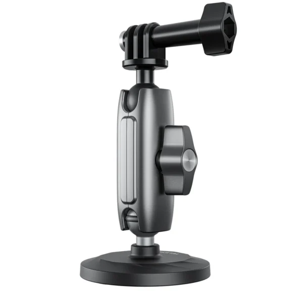Soporte magnético Telesin CMM-001 con brazo articulado y adaptador para cámara de acción sobre fondo blanco.