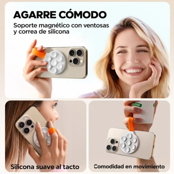 Tres escenas de uso del soporte blanco con correa de silicona naranja para sujetar el celular.
