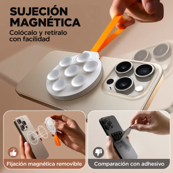 Soporte blanco con correa naranja y comparación entre fijación magnética removible y adhesivo.