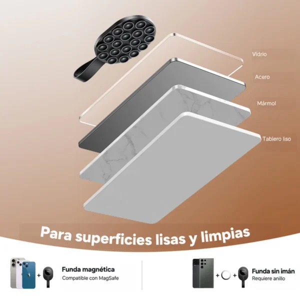 Soporte con ventosas y ejemplos de vidrio, acero, mármol y tablero liso; compatibilidad con fundas magnéticas y anillo.