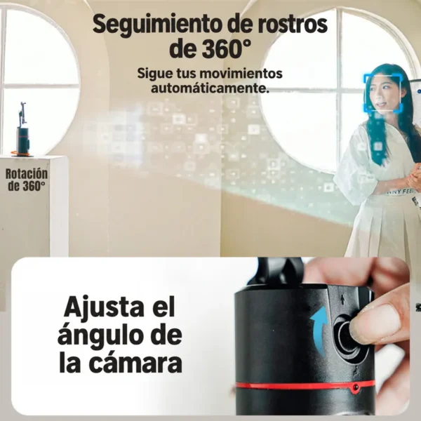 Soporte Yesido SF16 siguiendo el rostro de una mujer con rotación de 360° y ángulo de cámara ajustable