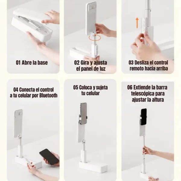 Guía de 6 pasos para armar el soporte para celular Usams ZB265: abrir la base, girar la luz, conectar el control y extender la barra