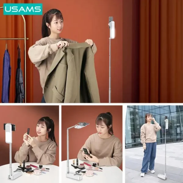 Soporte para celular para grabar Usams ZB265 usado en transmisiones en vivo, maquillaje y grabación de cuerpo entero