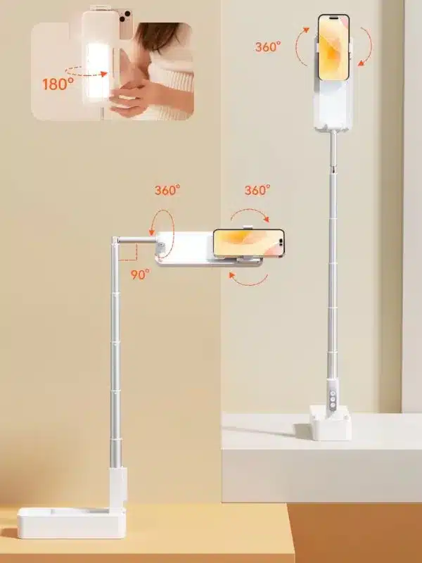 Soporte celular para grabar contenido marca Usams mostrando las diferentes posiciones que puede tener