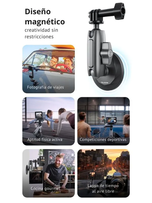 Soporte Magnético para creación de contenidos Telesin | Compatible con Celular, GoPro y Cámaras | Giro 360° y Base Antideslizante