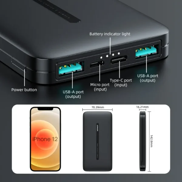 Puertos y dimensiones del Power Bank Joyroom T012