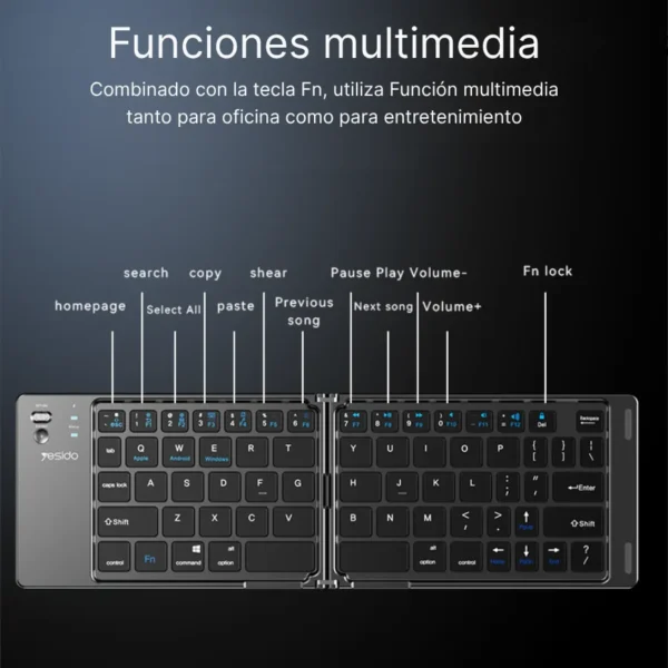 Teclado Yesido KB27 funciones multimedia Funciones multimedia con tecla Fn del teclado Bluetooth plegable Yesido KB27