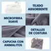 Detalles del tejido absorbente, la microfibra gris, las costuras y la capucha de elefante, con textos en español.