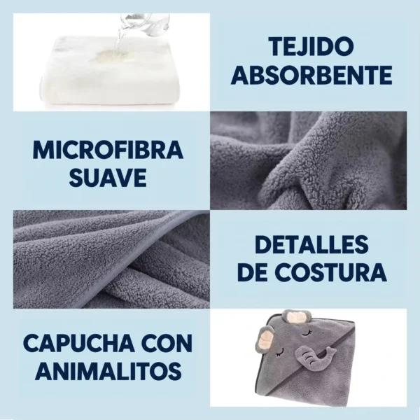 Detalles del tejido absorbente, la microfibra gris, las costuras y la capucha de elefante, con textos en español.