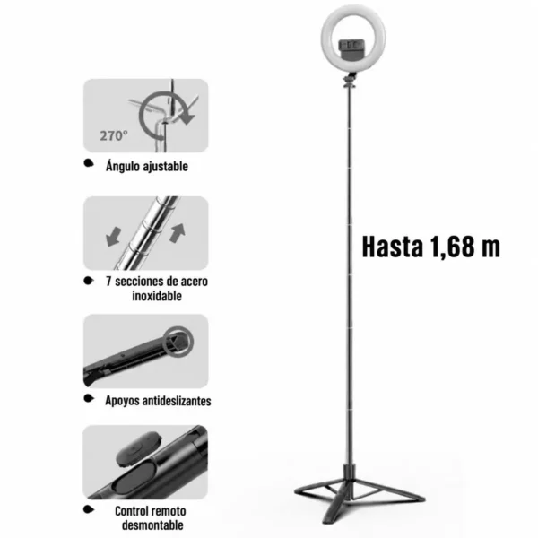 Trípode para celular con aro de luz Usams ZB241 de hasta 1.68 m con 7 secciones de acero inoxidable y control remoto desmontable
