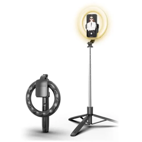 Trípode para celular con aro de luz Usams ZB241 Trípode para celular con aro de luz Usams ZB241 negro extendido con la luz encendida y plegado como palo selfie