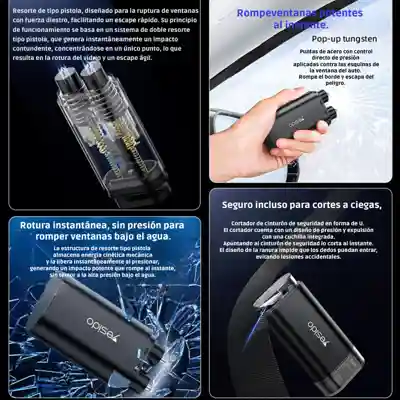 Cuatro características del martillo de seguridad Yesido C248: rompeventanas instantáneo, punta de tungsteno pop-up, corte sin presión y cortador de cinturón seguro