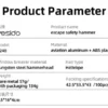 Tabla de especificaciones del martillo de seguridad Yesido C248: material aluminio de aviación y ABS, punta de tungsteno, peso 57g, dimensiones de empaque
